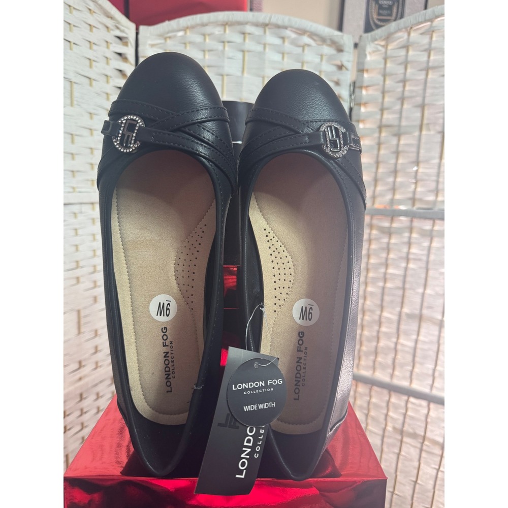 London Fog Wide Width Black Comfort Flats Rhinestone Accent Size 9W - Picture 7 of 9